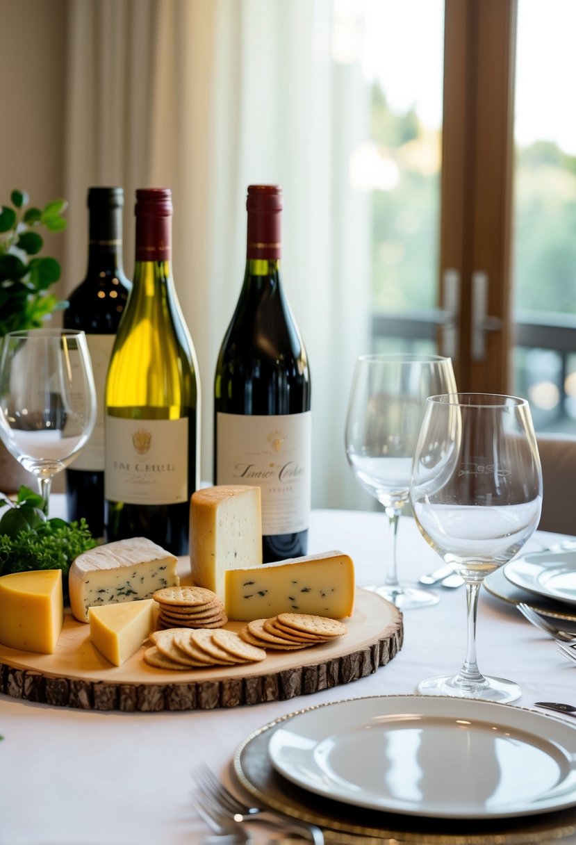 A beautifully set table with a variety of cheeses, crackers, and a selection of wine bottles alongside elegant wine glasses