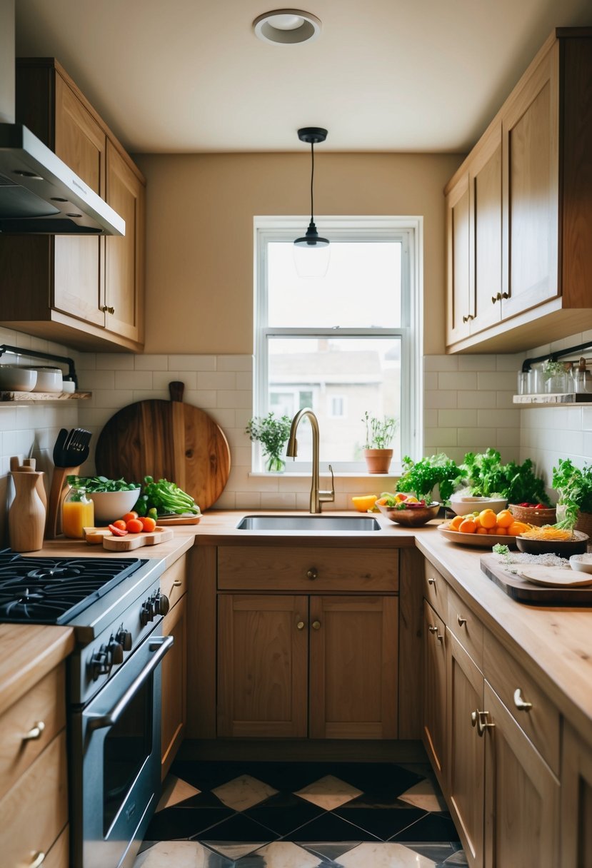 A cozy kitchen with two stovetops, a large wooden cutting board, and a variety of fresh ingredients spread out on the counter