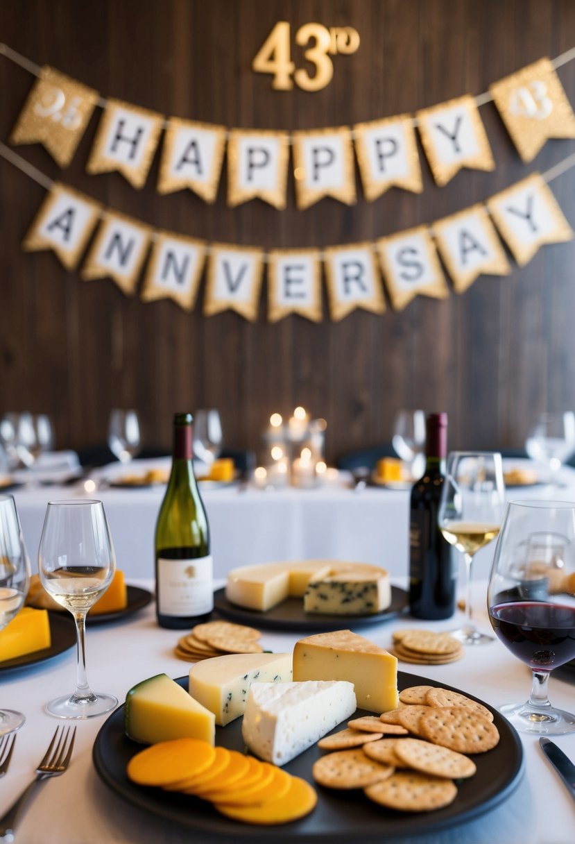 A table set with an assortment of cheeses, crackers, and glasses of wine, with a decorative 43rd anniversary banner hanging in the background