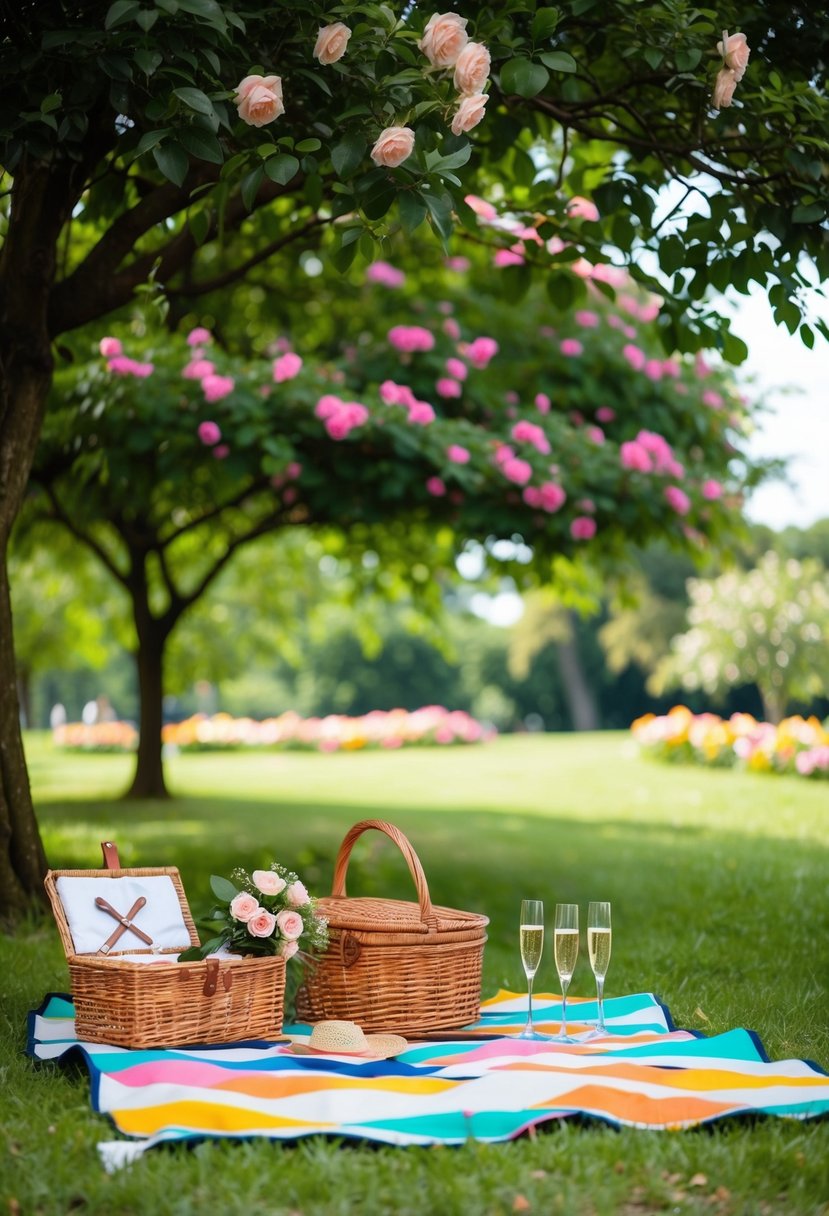 A colorful picnic blanket spread under a shady tree in a lush, flower-filled park. A wicker basket, champagne glasses, and a bouquet of roses set the scene for a 46th wedding anniversary celebration