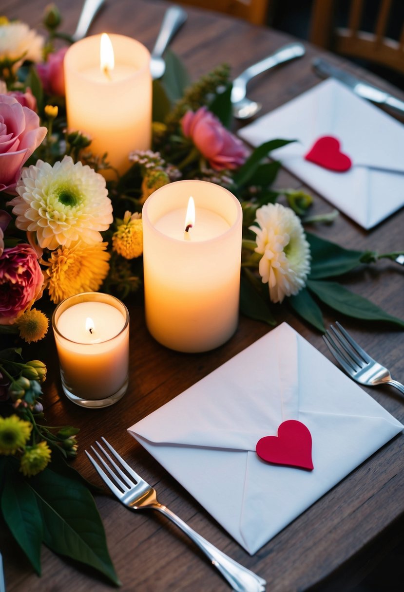 A table set with two chairs, surrounded by candles and flowers. Two envelopes with hearts on them sit on the table