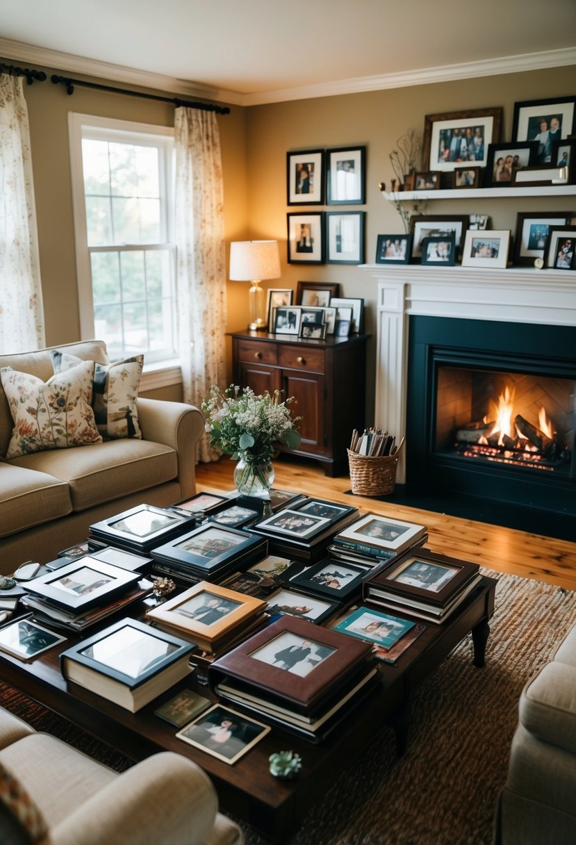 A cozy living room with a crackling fireplace, filled with framed photos and a table covered in albums and mementos from 46 years of marriage