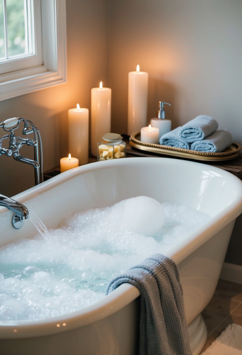 A serene bathroom with a bathtub filled with bubbles, surrounded by candles, towels, and a tray of luxurious spa products