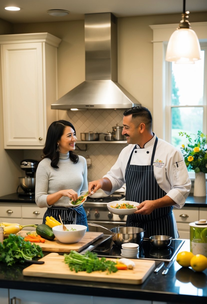 A cozy kitchen with two cooking stations, stocked with fresh ingredients and utensils. A chef instructor demonstrates a recipe to a couple celebrating their 46th wedding anniversary