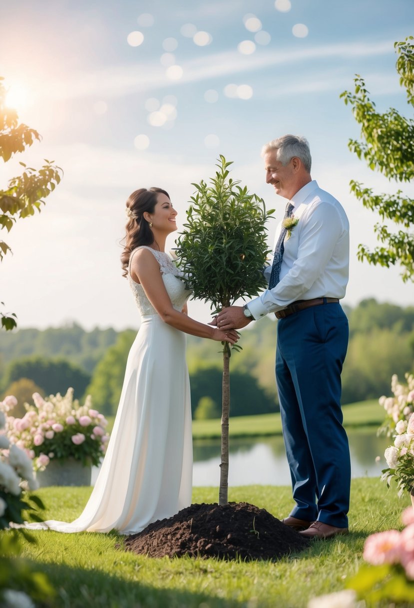 A couple planting a tree together, surrounded by blooming flowers and a serene landscape, symbolizing their enduring love on their 46th wedding anniversary