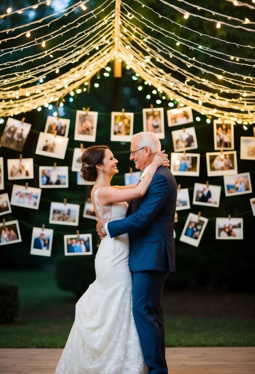 A couple dancing under a canopy of fairy lights, surrounded by photos from their 43 years together