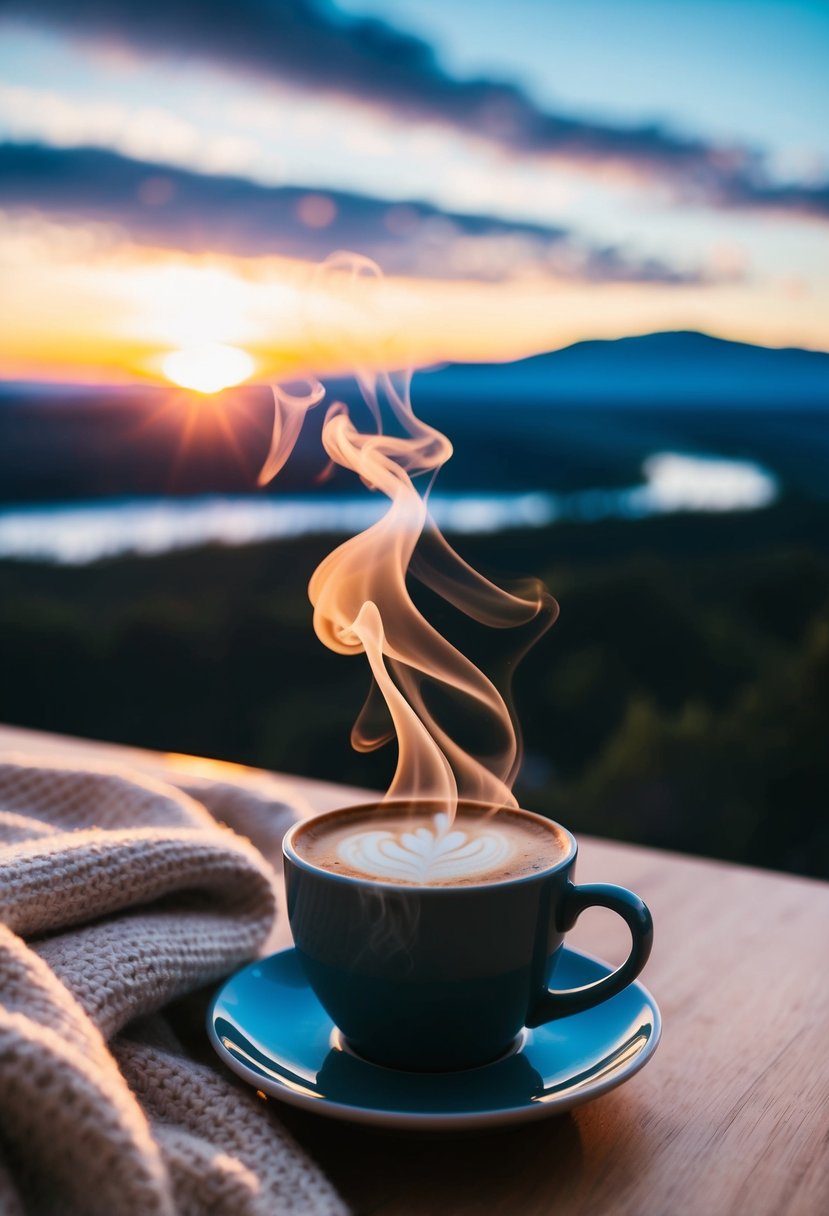 A cozy scene with steaming coffee, blankets, and a vibrant sunrise over a tranquil landscape