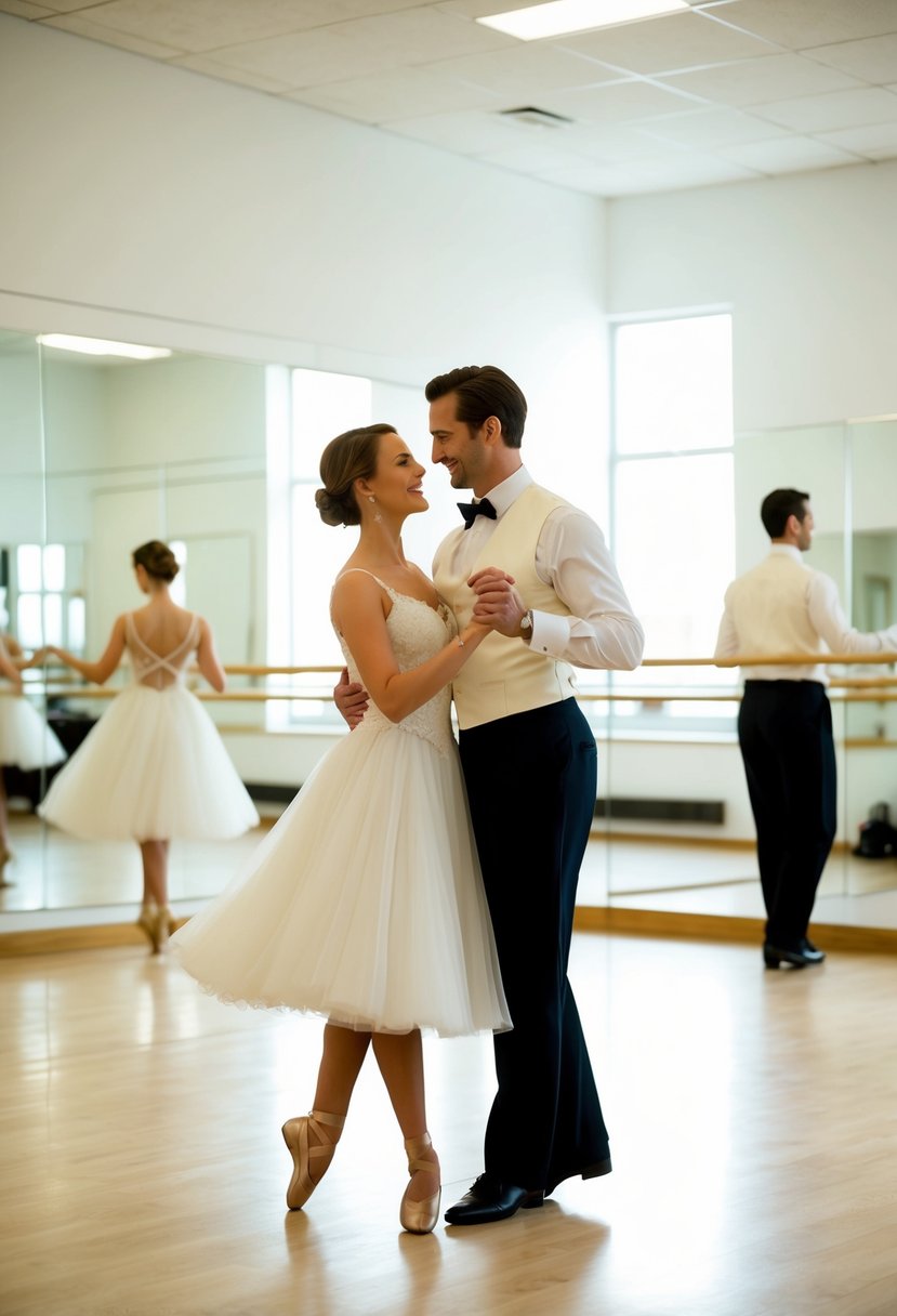 A couple gracefully waltzing in a spacious, sunlit dance studio, surrounded by mirrors and ballet barres