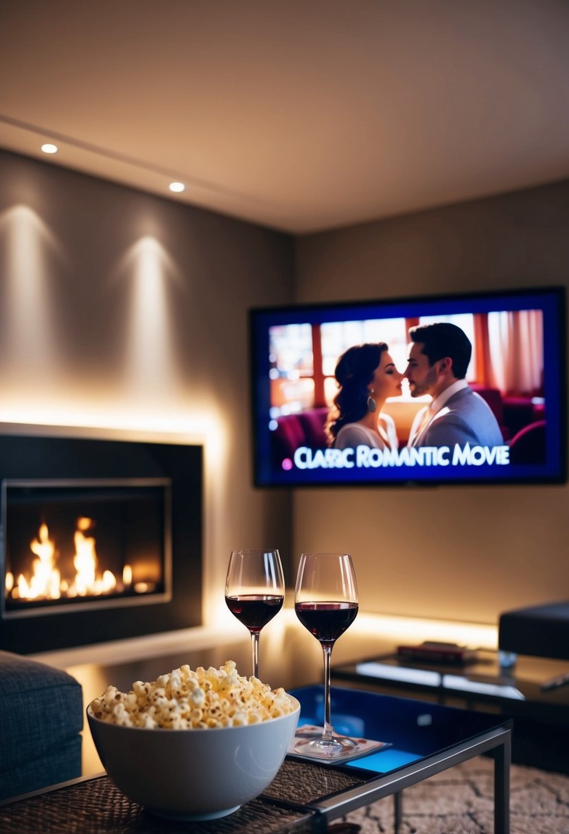 A cozy living room with dimmed lights, a flickering fireplace, and a large screen playing a classic romantic movie. Wine glasses and a bowl of popcorn sit on a coffee table