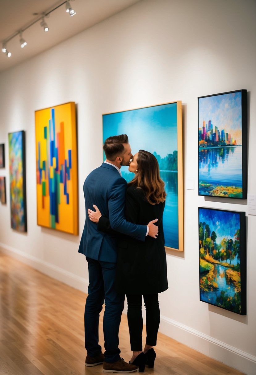 A couple admiring a painting in an art gallery, surrounded by colorful and diverse artworks