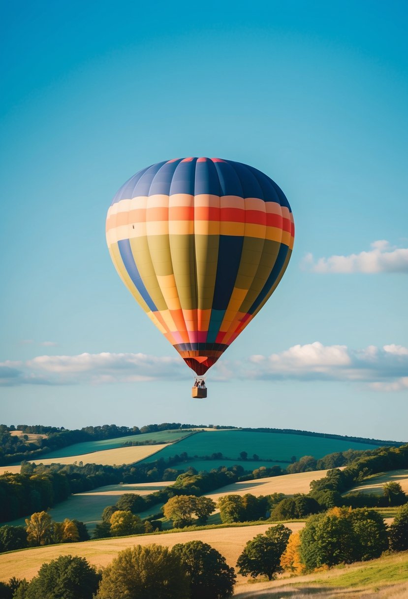 A colorful hot air balloon floats above a scenic landscape, with rolling hills, trees, and a bright blue sky