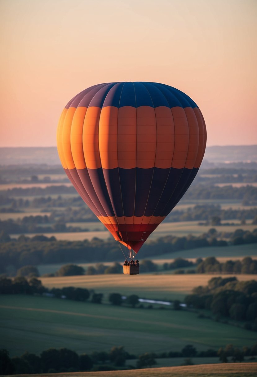 A hot air balloon floats over a scenic landscape at sunset