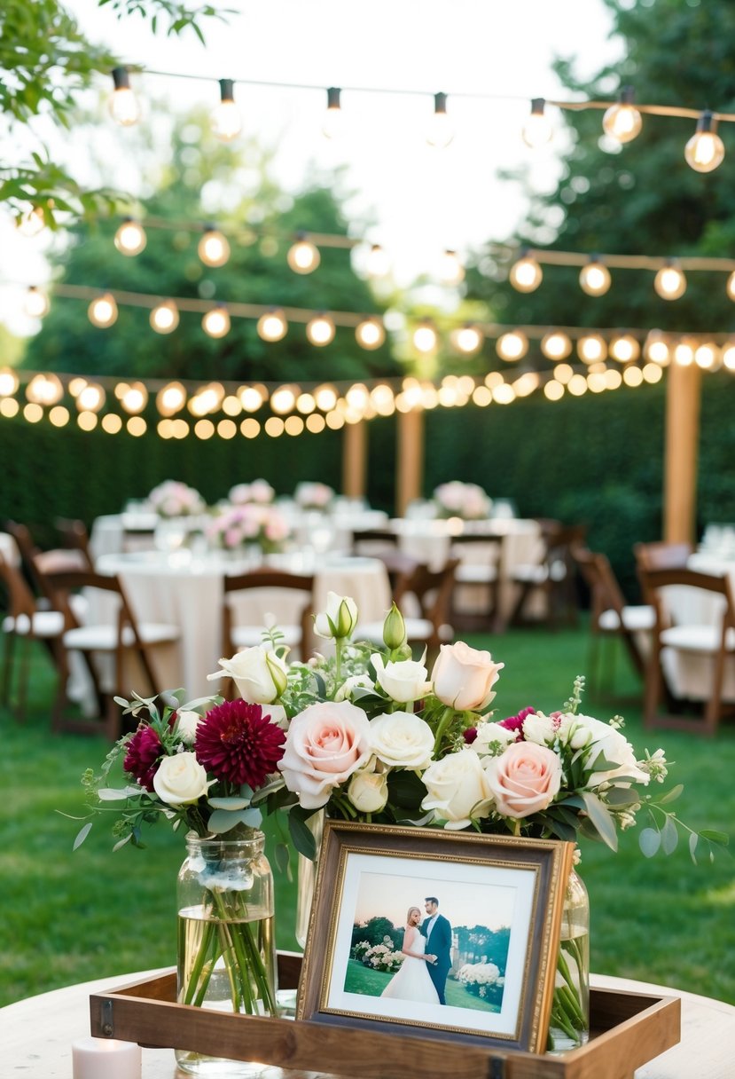 A romantic garden setting with string lights, floral centerpieces, and a vintage photo display