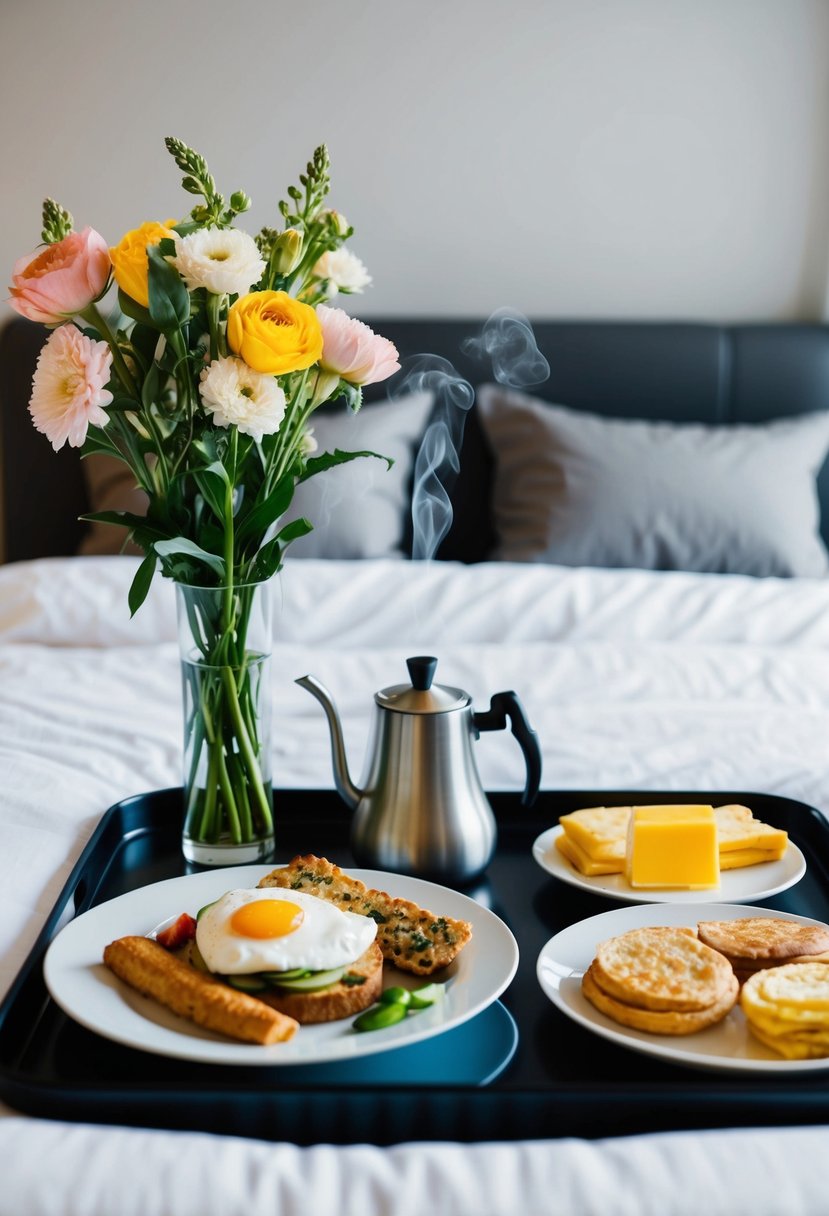 A tray holds a vase of flowers, a steaming coffee pot, and a plate of breakfast foods, all arranged neatly on a bed