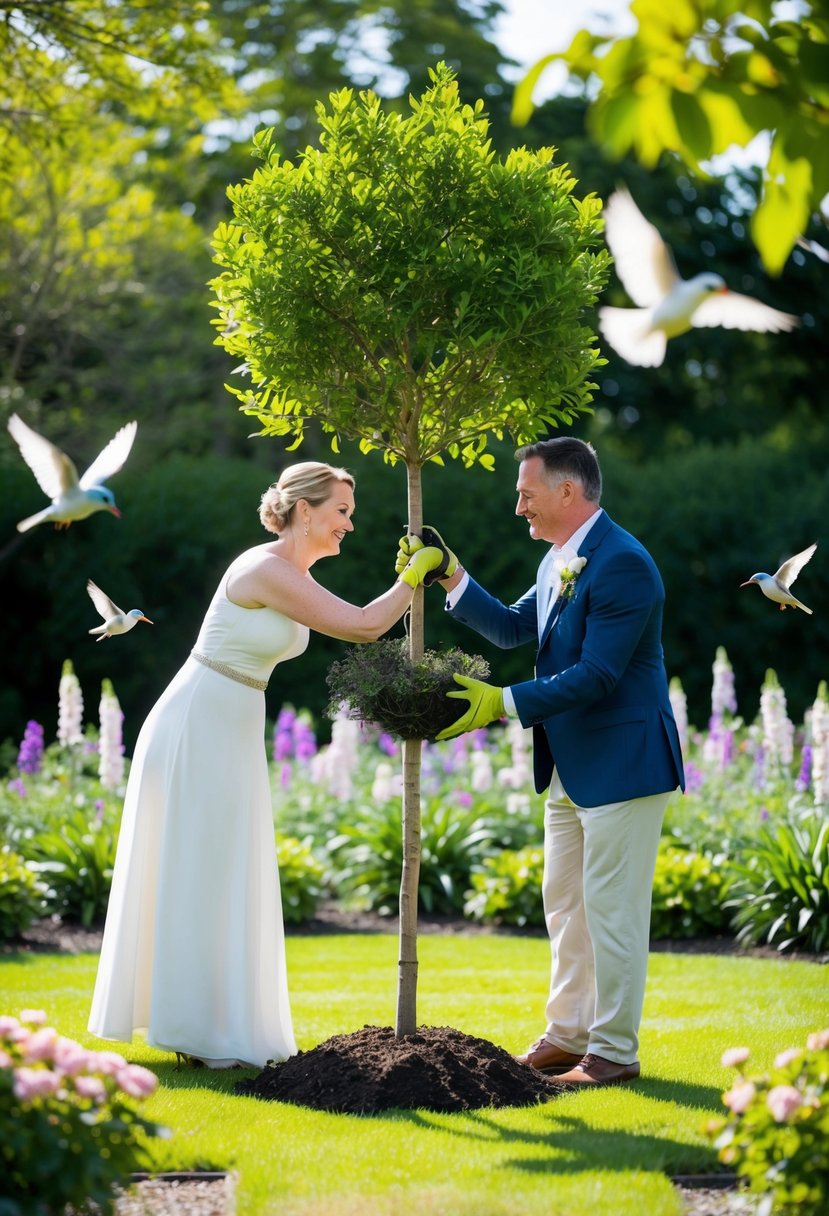 A couple planting a tree in a lush garden, surrounded by blooming flowers and chirping birds, celebrating their 43rd wedding anniversary