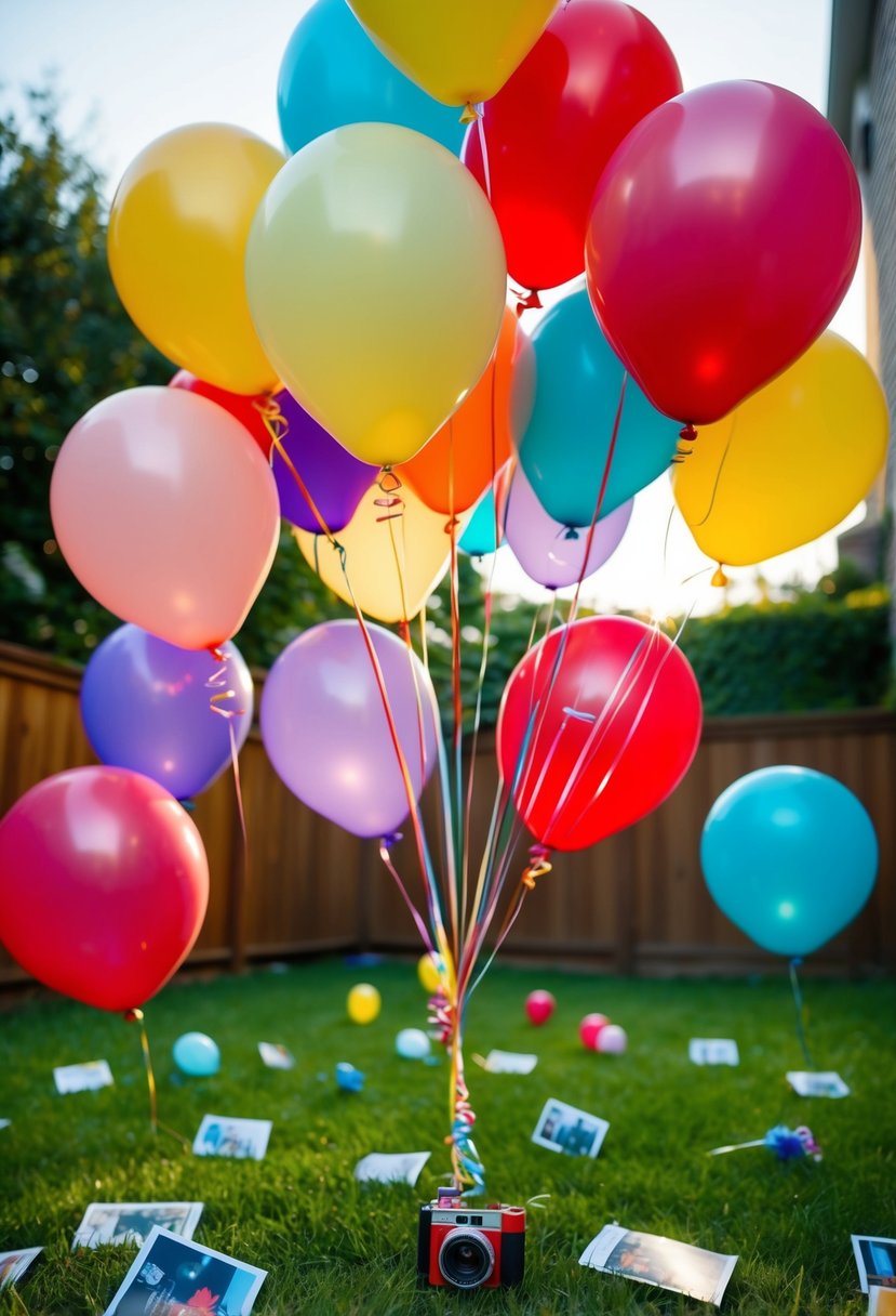 A backyard filled with colorful balloons, hidden clues, and scattered photo memories