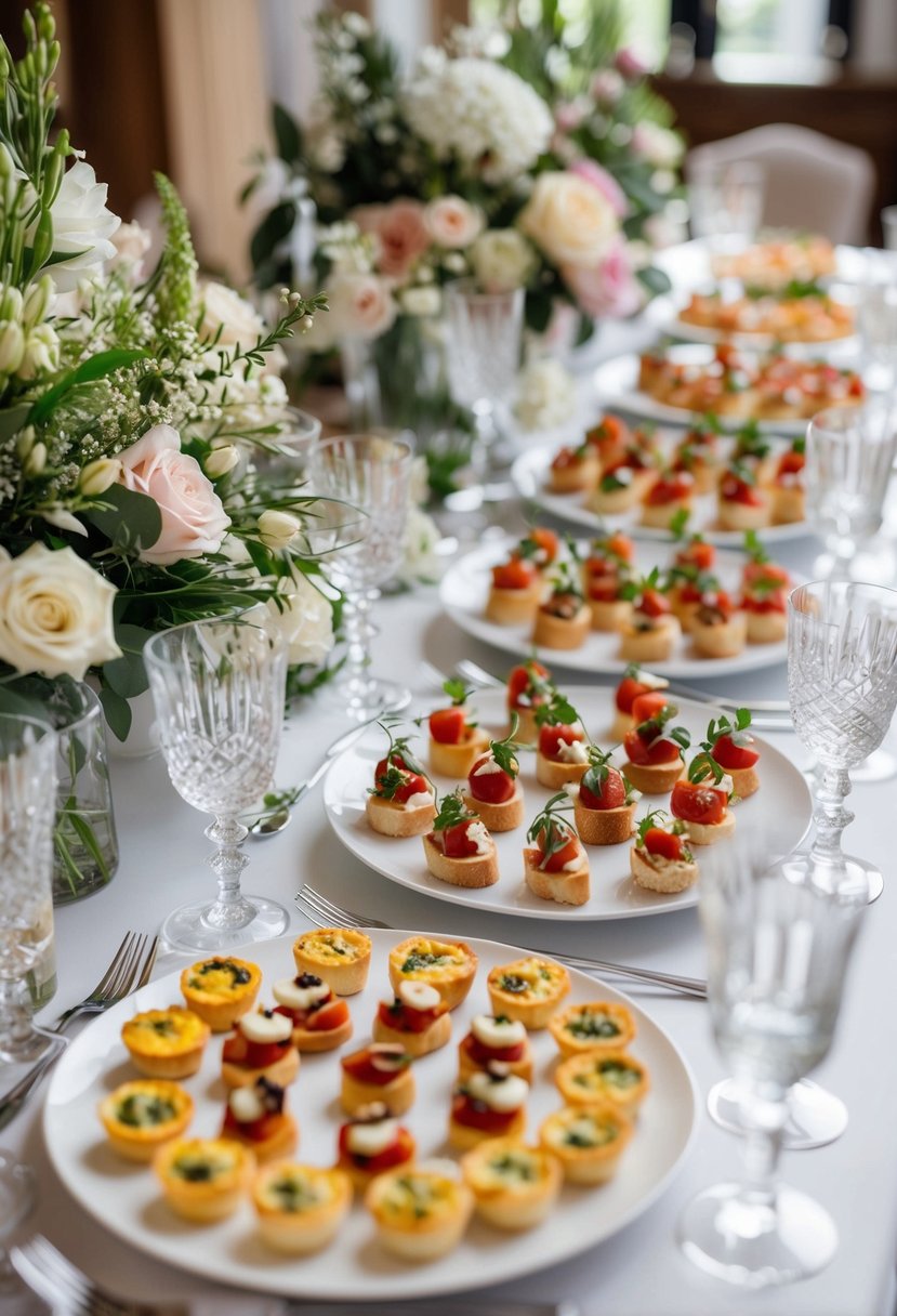 A table adorned with an array of elegant hors d'oeuvres, including mini quiches, bruschetta, and delicate canapés, surrounded by floral arrangements and sparkling glassware