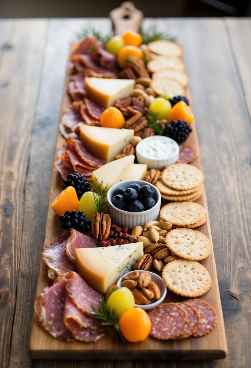 A rustic wooden board adorned with an assortment of cured meats, cheeses, fruits, nuts, and crackers, arranged in an inviting and artful display