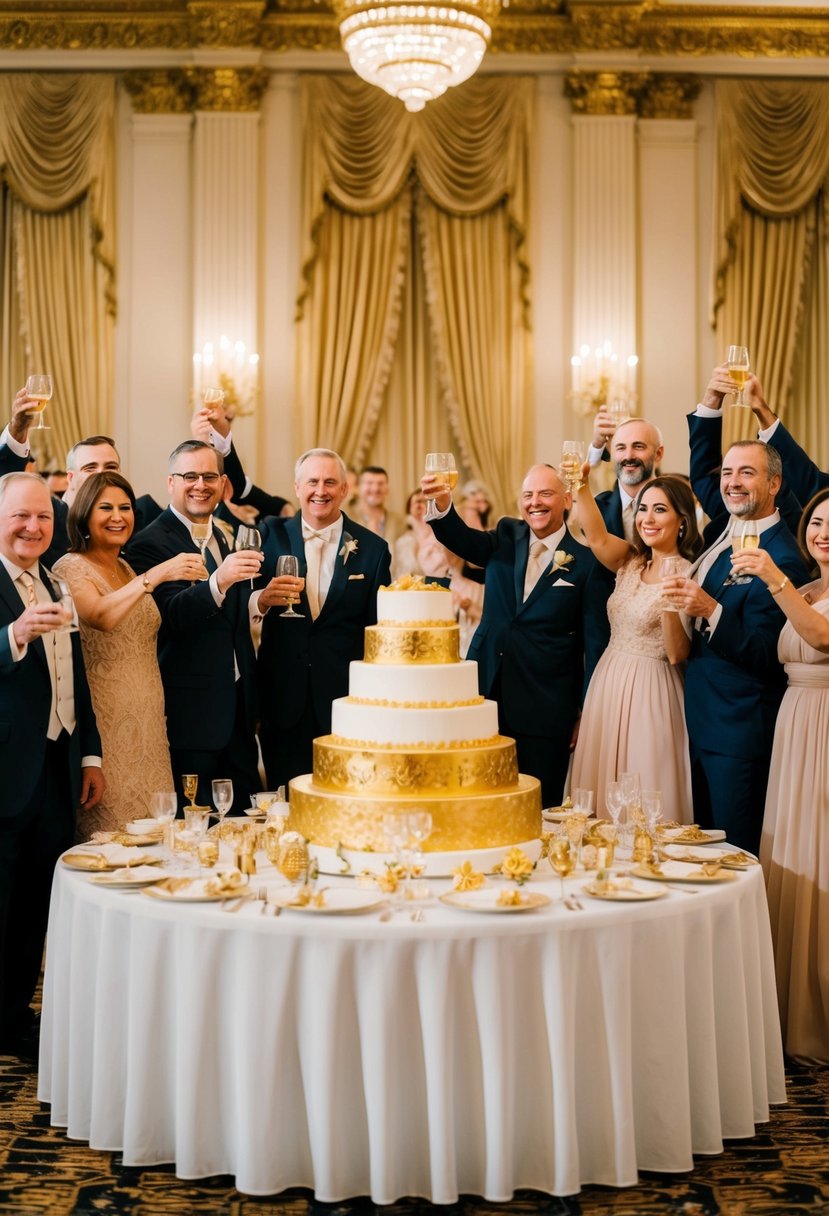 A grand banquet hall adorned with golden decorations and a large cake, surrounded by happy family members raising their glasses in celebration