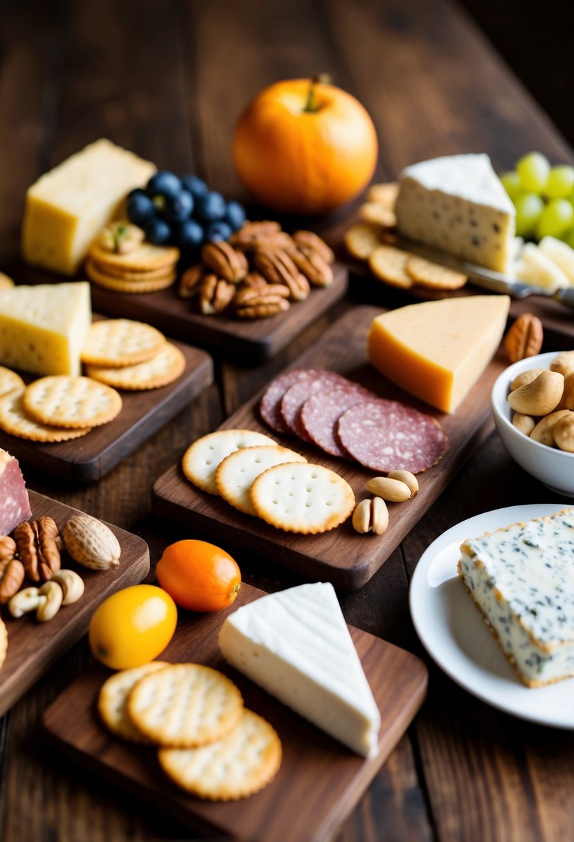 A variety of cheeses, meats, fruits, and nuts arranged on small wooden boards, accompanied by crackers and spreads