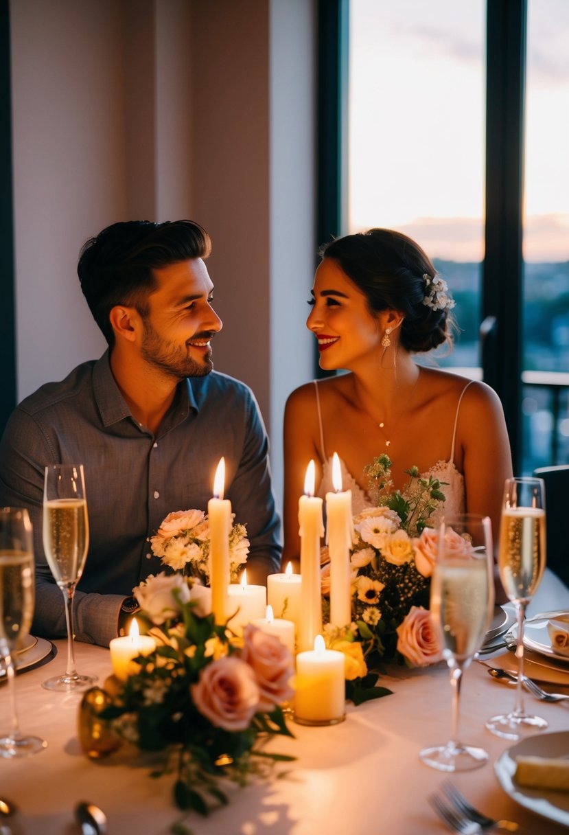 A couple sits at a candlelit table, surrounded by flowers and champagne, reminiscing about their first date