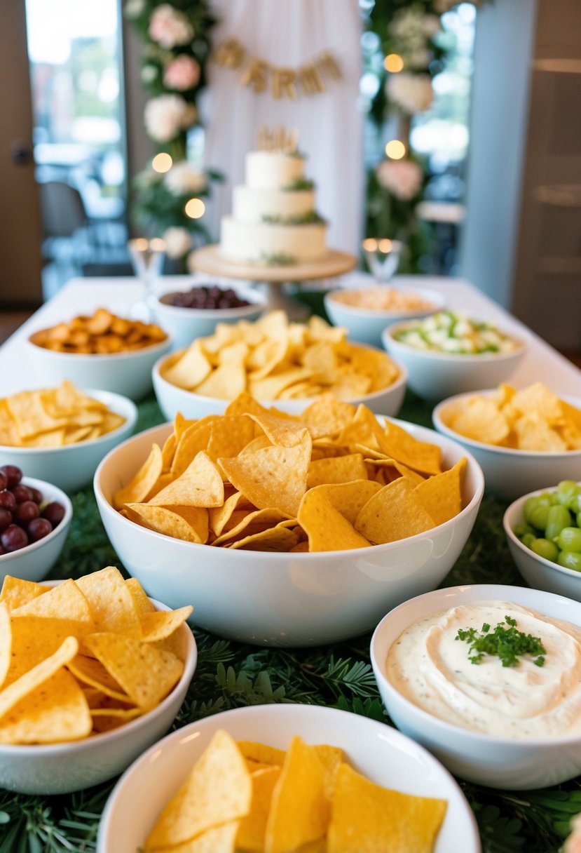 A table spread with assorted chips and dip bowls, surrounded by decorative wedding shower decorations