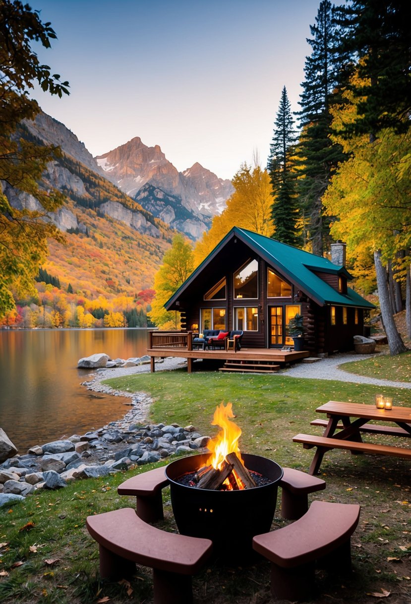 A cozy cabin nestled in the mountains, surrounded by colorful fall foliage and a serene lake, with a crackling fire pit and a picnic table set for two