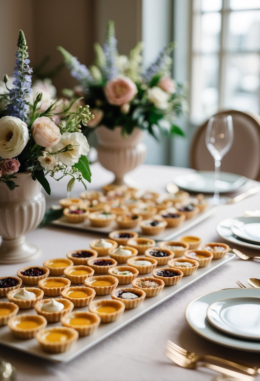 A table adorned with an array of petite tarts in various flavors and fillings, surrounded by delicate floral arrangements and elegant tableware