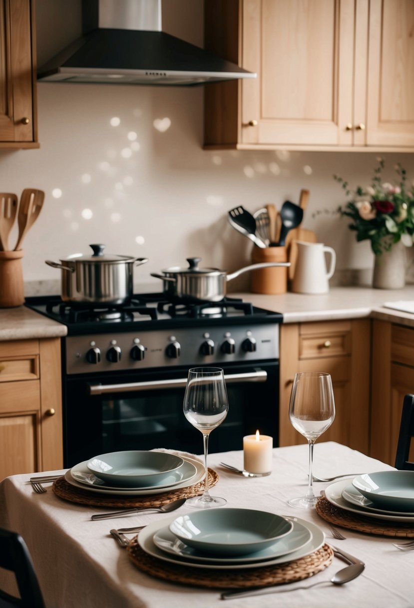 A cozy kitchen setting with two sets of cooking utensils, a stove, and a table set for two with a romantic ambiance