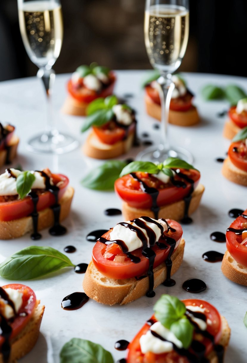 A table spread with tomato bruschetta, garnished with basil and drizzled with balsamic glaze, surrounded by champagne flutes