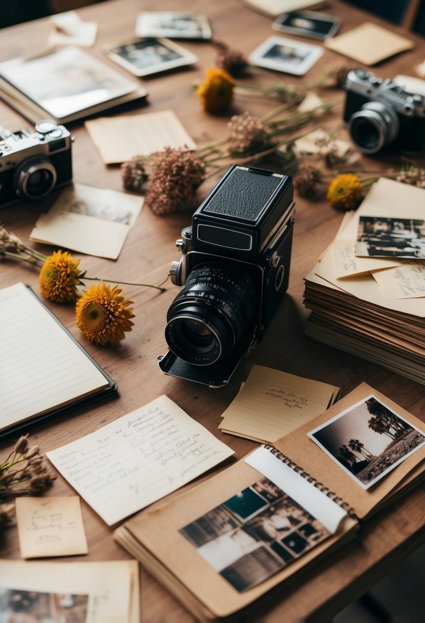 A table covered in old photos, dried flowers, and handwritten notes, surrounded by a vintage camera and a stack of empty scrapbook pages