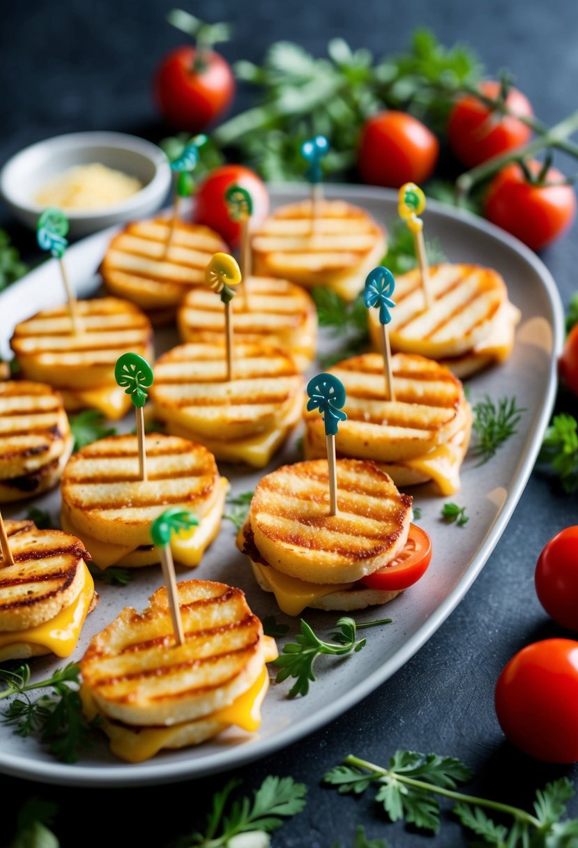 A platter of mini grilled cheeses arranged with decorative toothpicks, surrounded by fresh herbs and cherry tomatoes