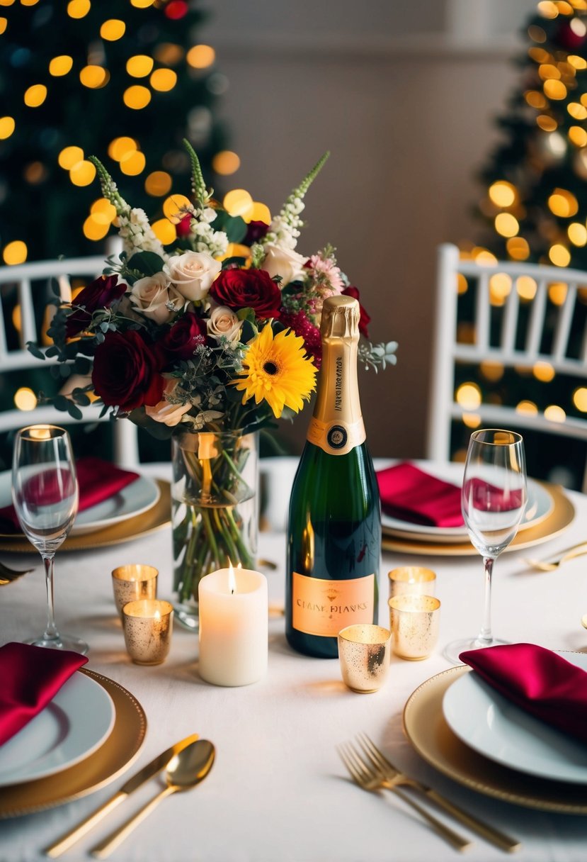 A festive table set with a bouquet of flowers, candlelight, and a bottle of champagne surrounded by two empty chairs