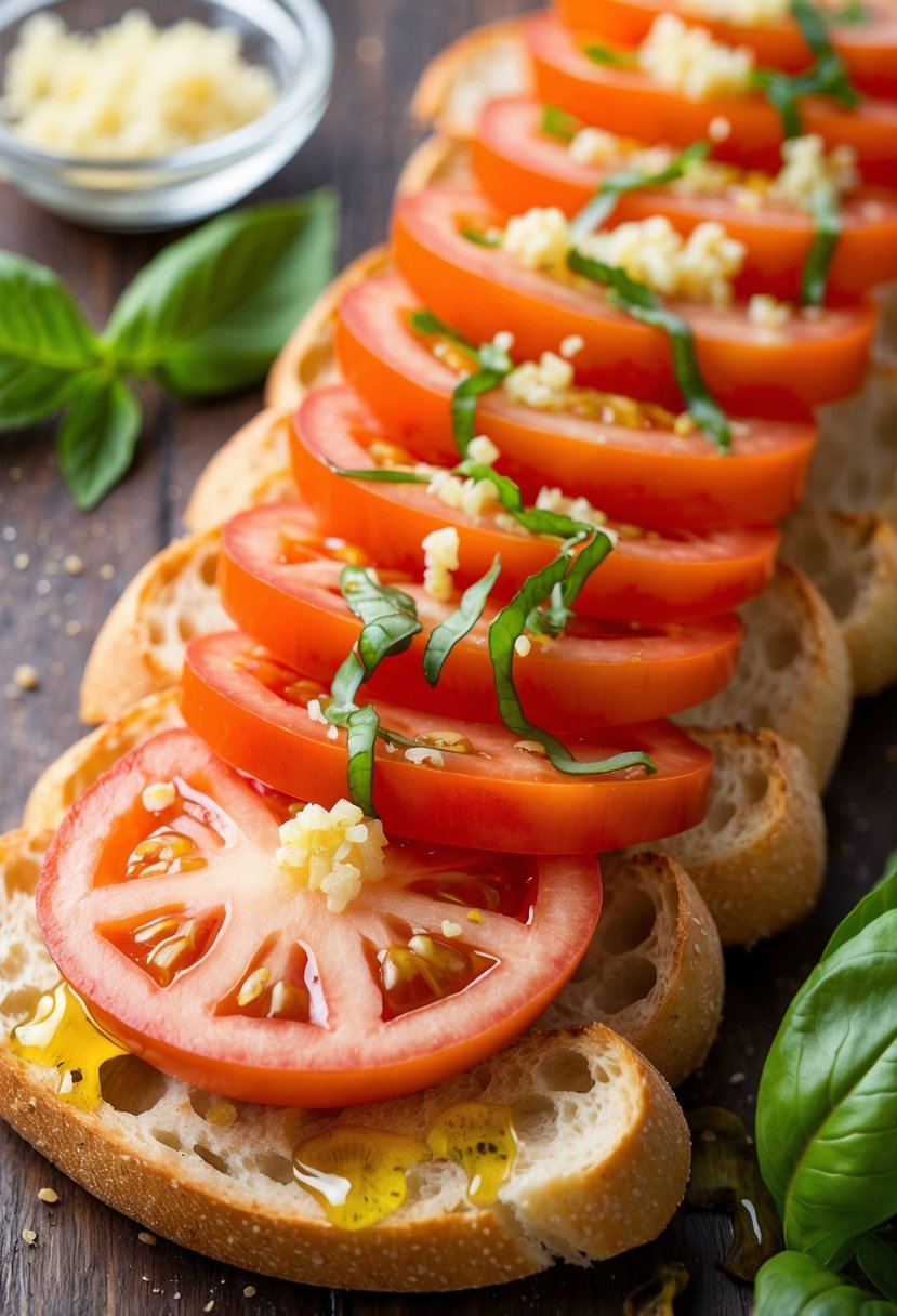 Freshly sliced tomatoes and minced garlic sit atop crispy, golden-brown slices of baguette, drizzled with olive oil and sprinkled with fragrant basil leaves