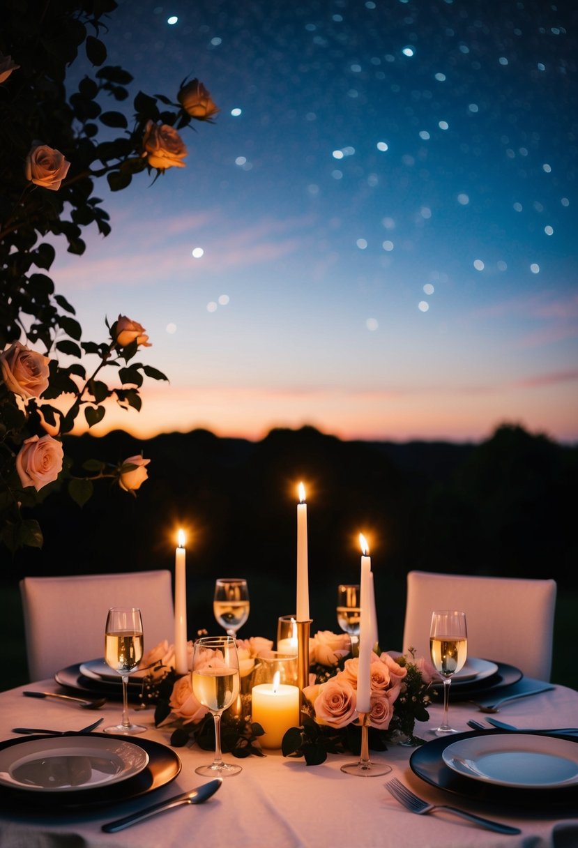 A candlelit dinner under a starry sky, surrounded by blooming roses and soft music playing in the background