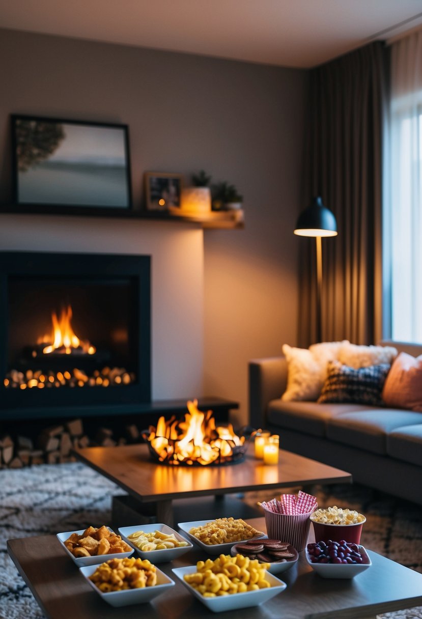 A cozy living room with dimmed lights, a crackling fireplace, and a spread of romantic movie snacks on a coffee table