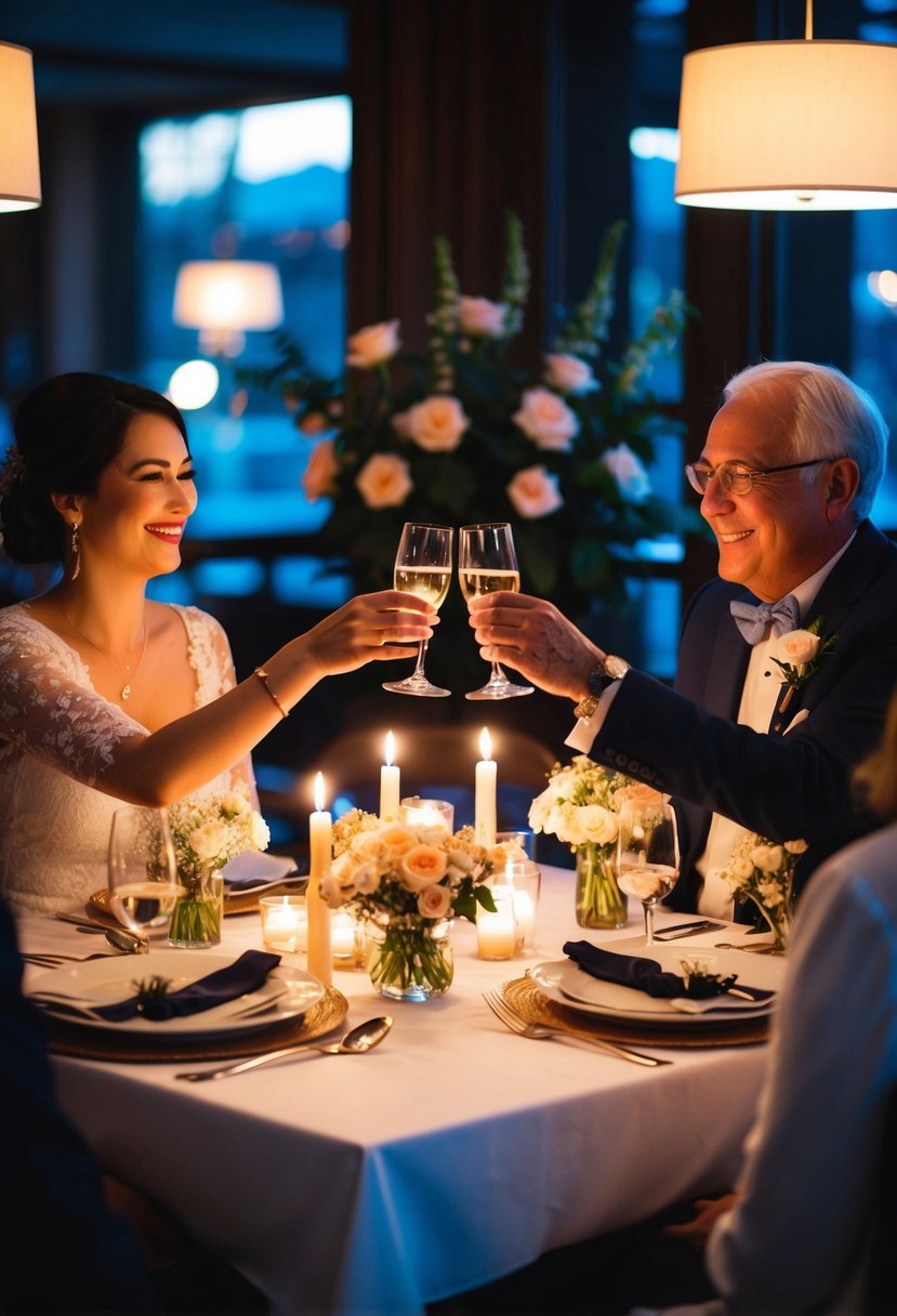 A couple sits at a candlelit table in a cozy restaurant, surrounded by flowers and soft music. They smile and clink their glasses, celebrating their 47th wedding anniversary