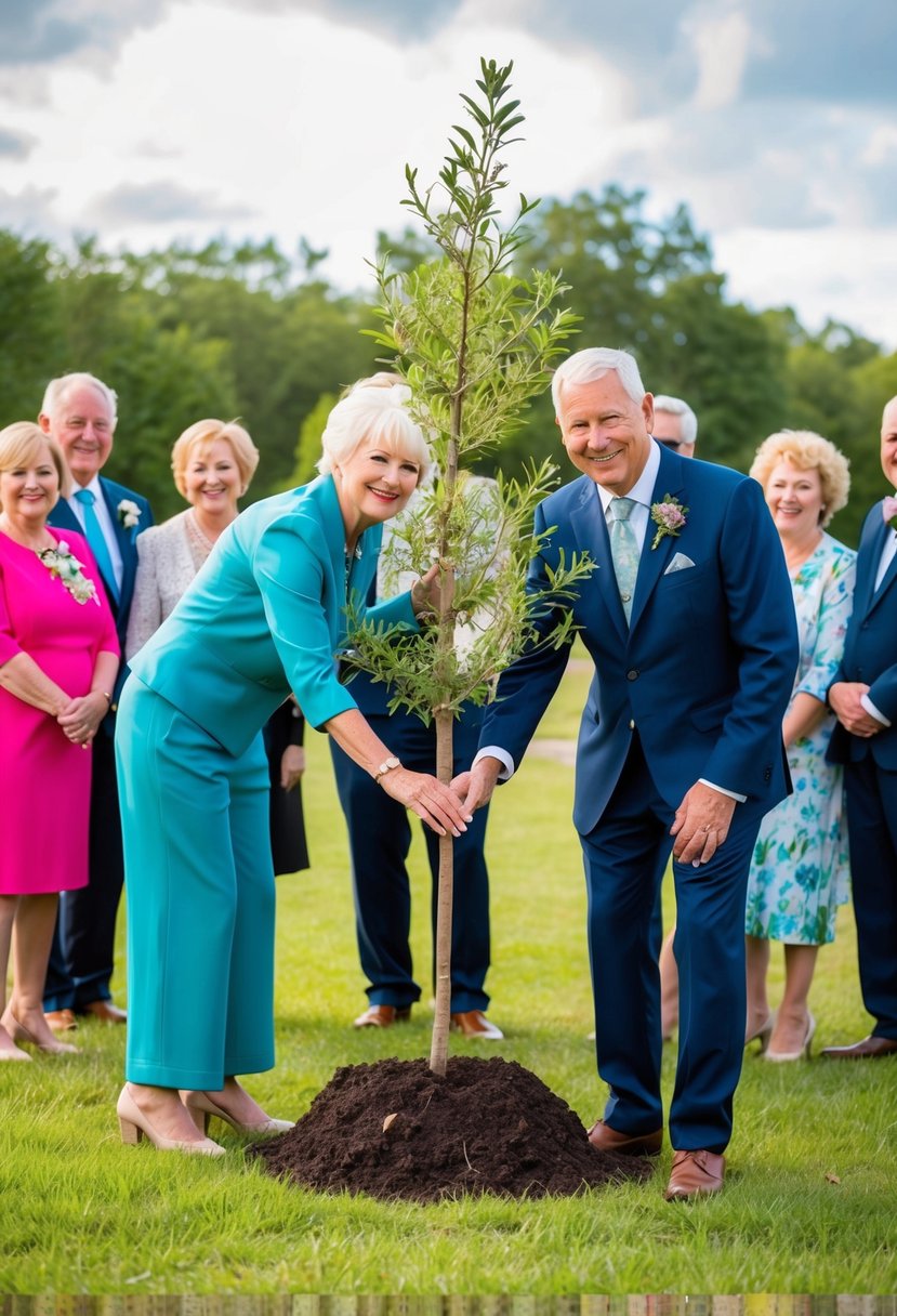 A couple plants a tree together, surrounded by family and friends, to celebrate their 50th wedding anniversary