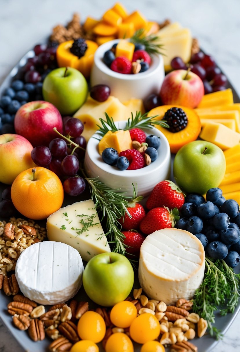 A beautifully arranged platter with a variety of colorful fruits and a selection of different cheeses, garnished with fresh herbs and nuts