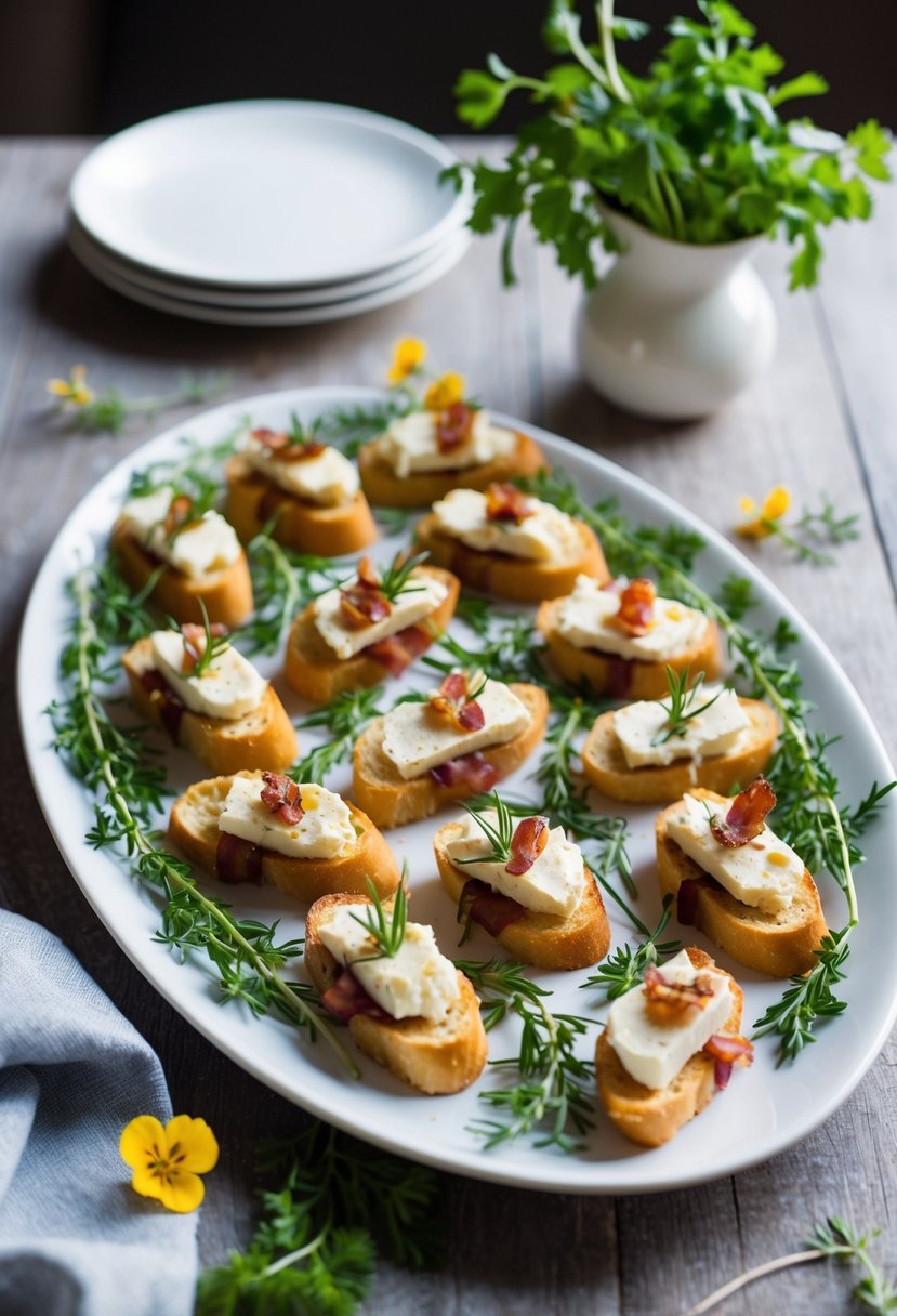 A platter of almond-bacon cheese crostini arranged elegantly on a white serving dish, surrounded by fresh herbs and garnished with edible flowers