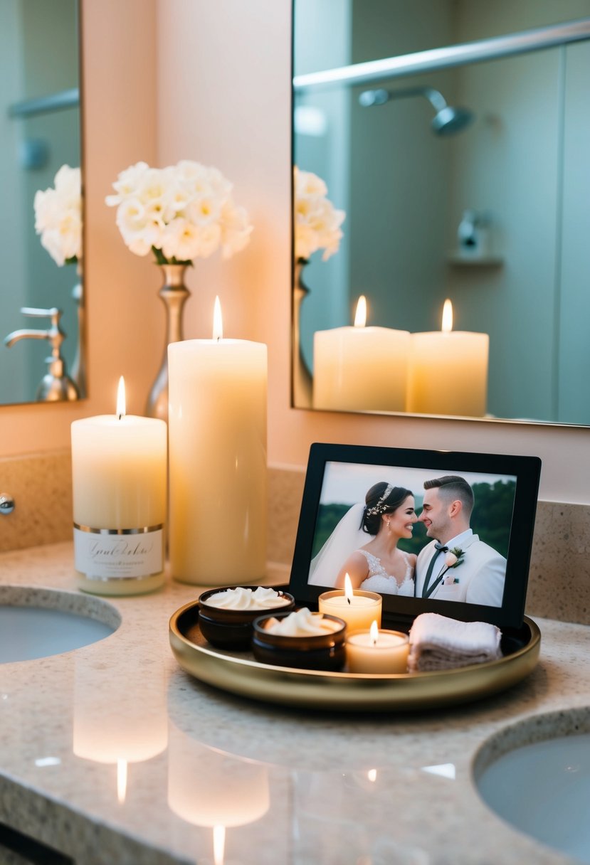 A serene bathroom with lit candles, a tray of homemade spa treatments, and a couple's wedding photo on the counter