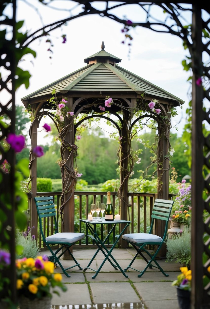 A secluded garden gazebo with intertwined vines and blooming flowers, a small table set for two with candles and a bottle of champagne