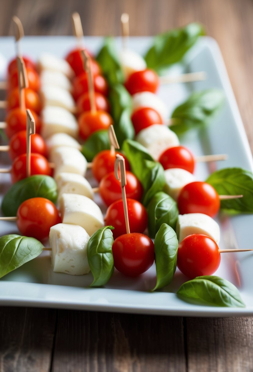 A platter of Caprese skewers arranged in a neat row, with cherry tomatoes, fresh mozzarella, and basil leaves stacked on toothpicks