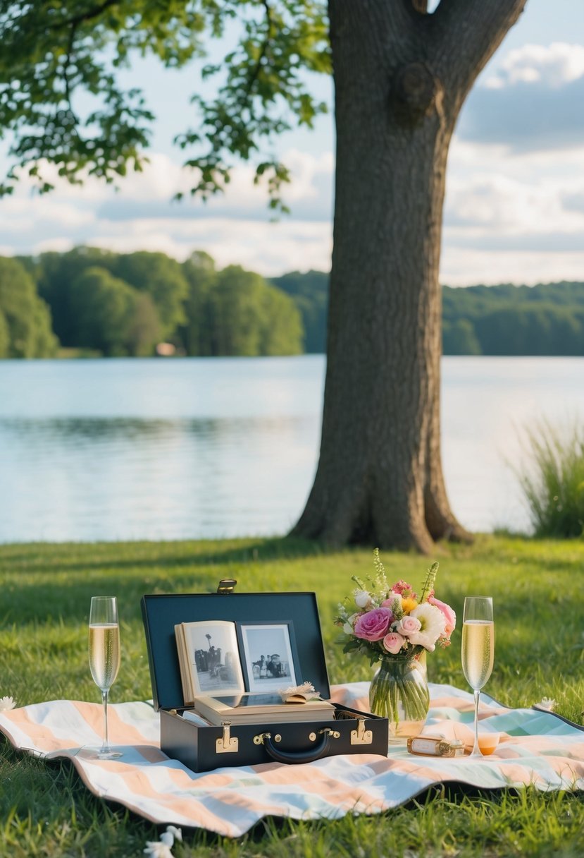 A picnic blanket with champagne, flowers, and a vintage photo album under a tree by a tranquil lake