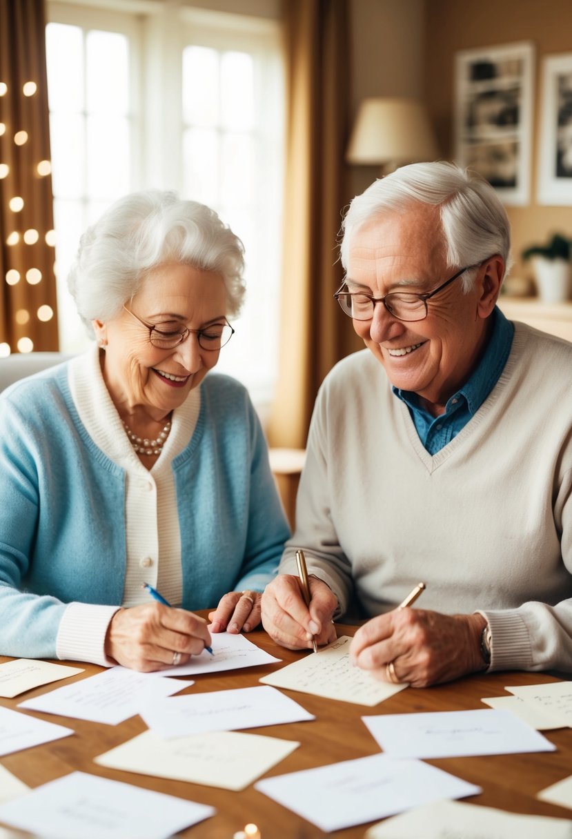 An elderly couple sits at a table covered in love letters, smiling as they write to each other. A warm, cozy atmosphere surrounds them