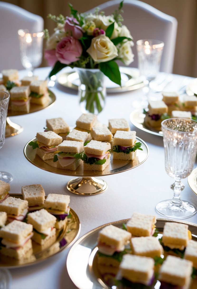 A table adorned with delicate finger sandwiches, arranged on elegant platters, surrounded by floral centerpieces and sparkling glassware