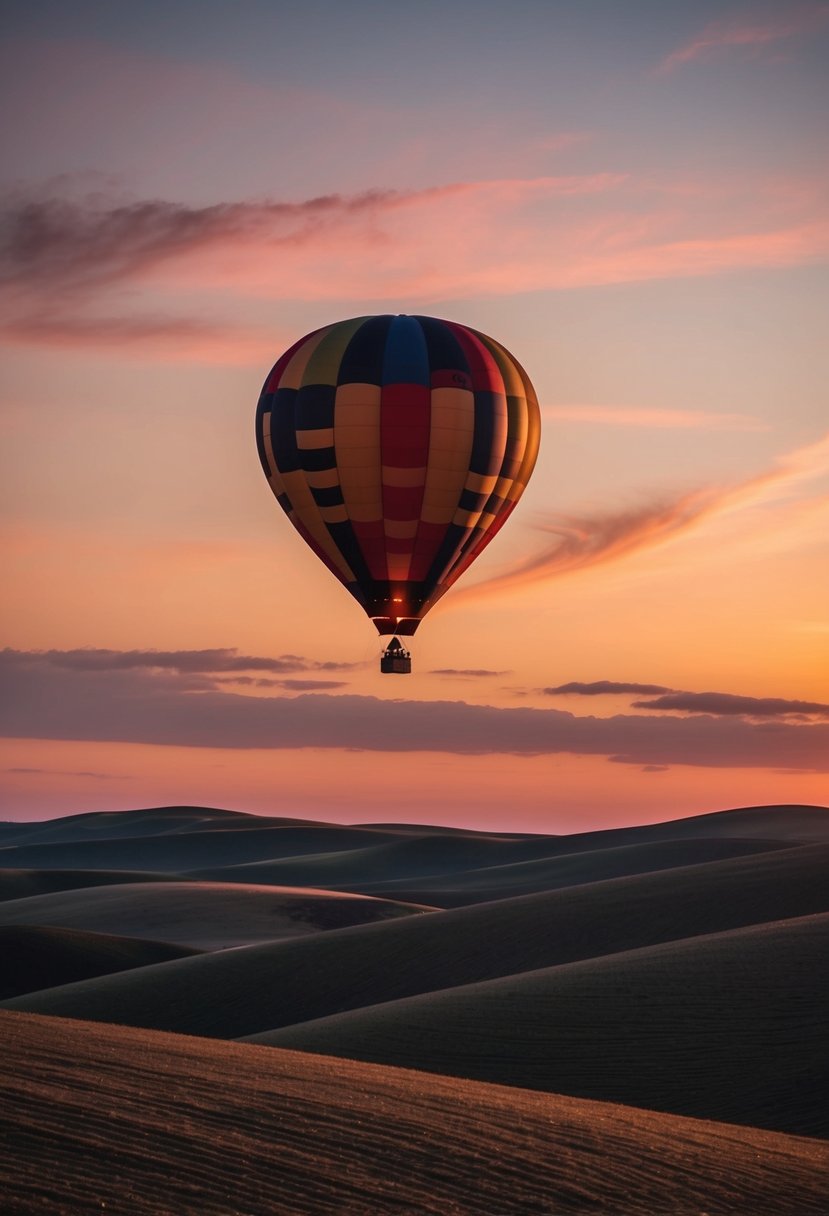 A colorful hot air balloon floats above rolling hills at sunset