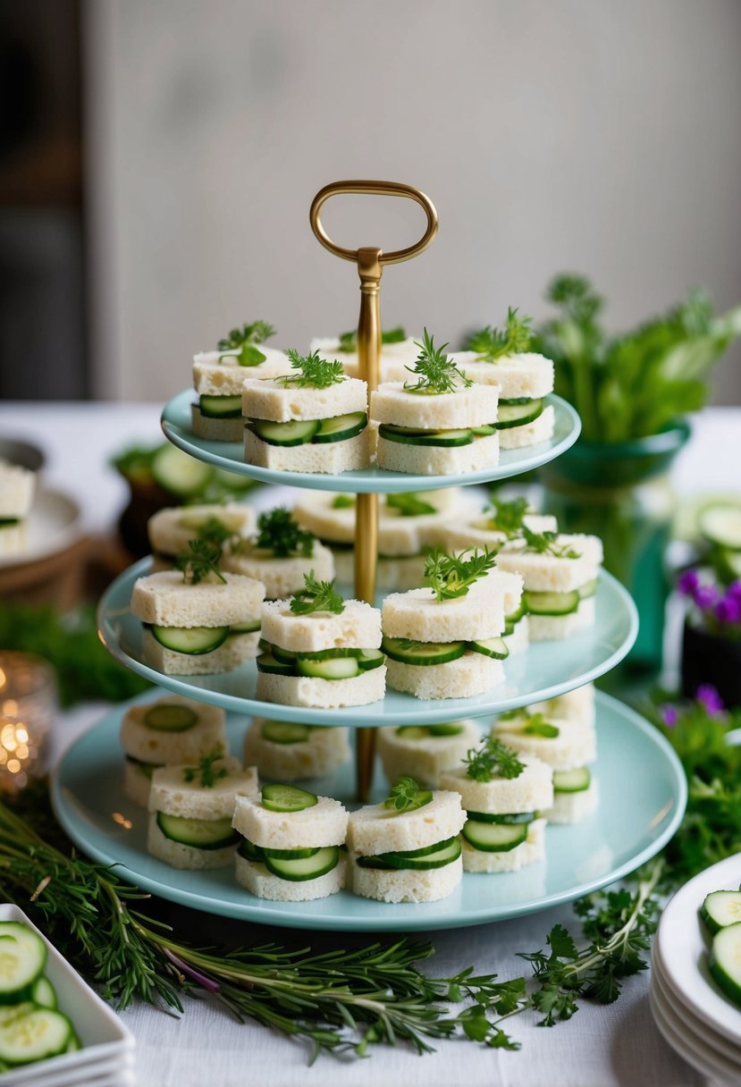 A platter of delicate cucumber party sandwiches arranged on a tiered stand, surrounded by fresh herbs and garnishes