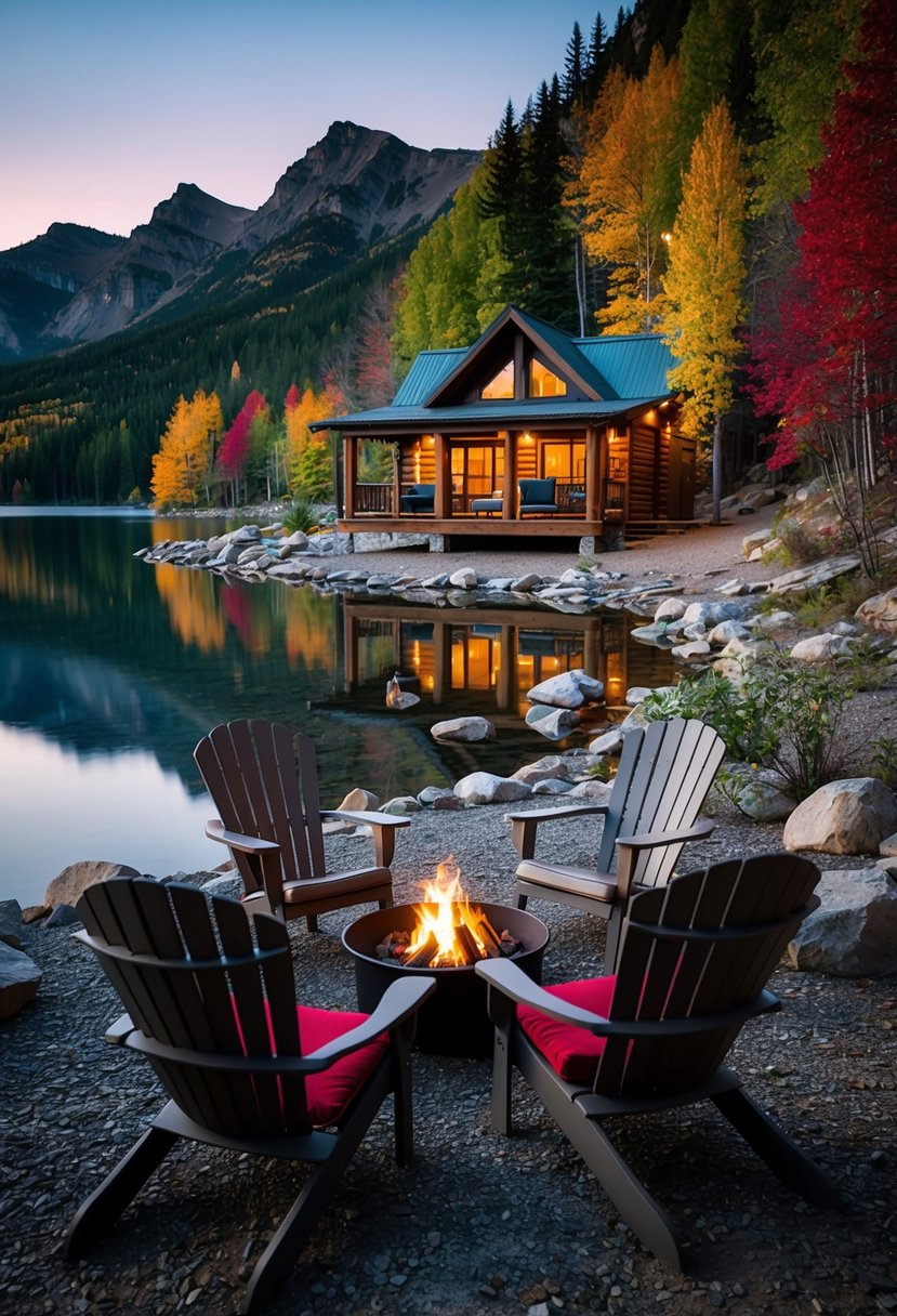 A cozy cabin nestled in the mountains, surrounded by colorful foliage and a serene lake, with a crackling fire pit and two chairs set for a romantic evening