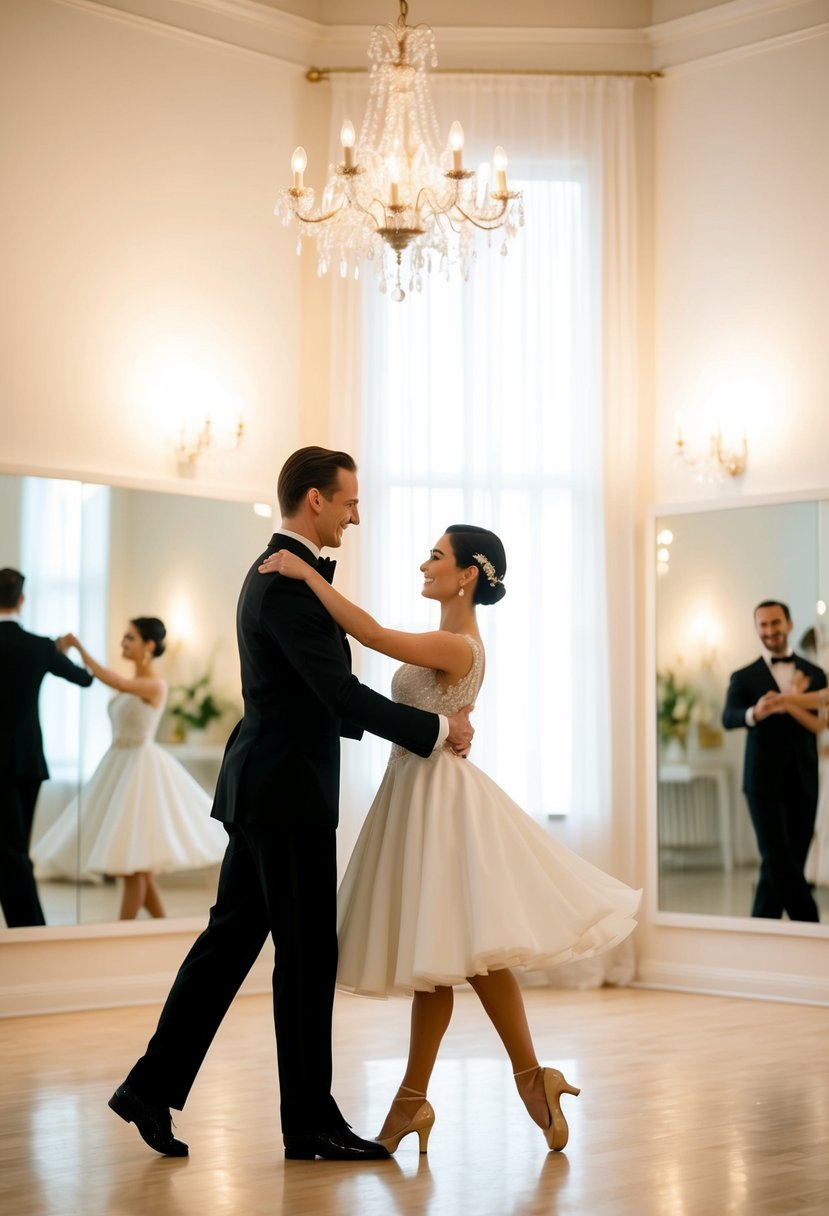 A couple gracefully waltzing in a brightly lit dance studio, surrounded by mirrors and elegant decor